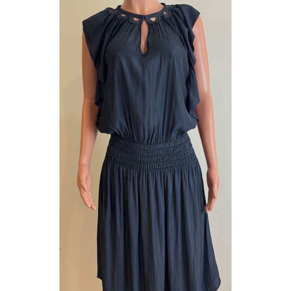 Ramy Brook Wrenn Embellished Blouson Midi Dress Size M Navy Satin Flutter Sleeve - Picture 3 of 15